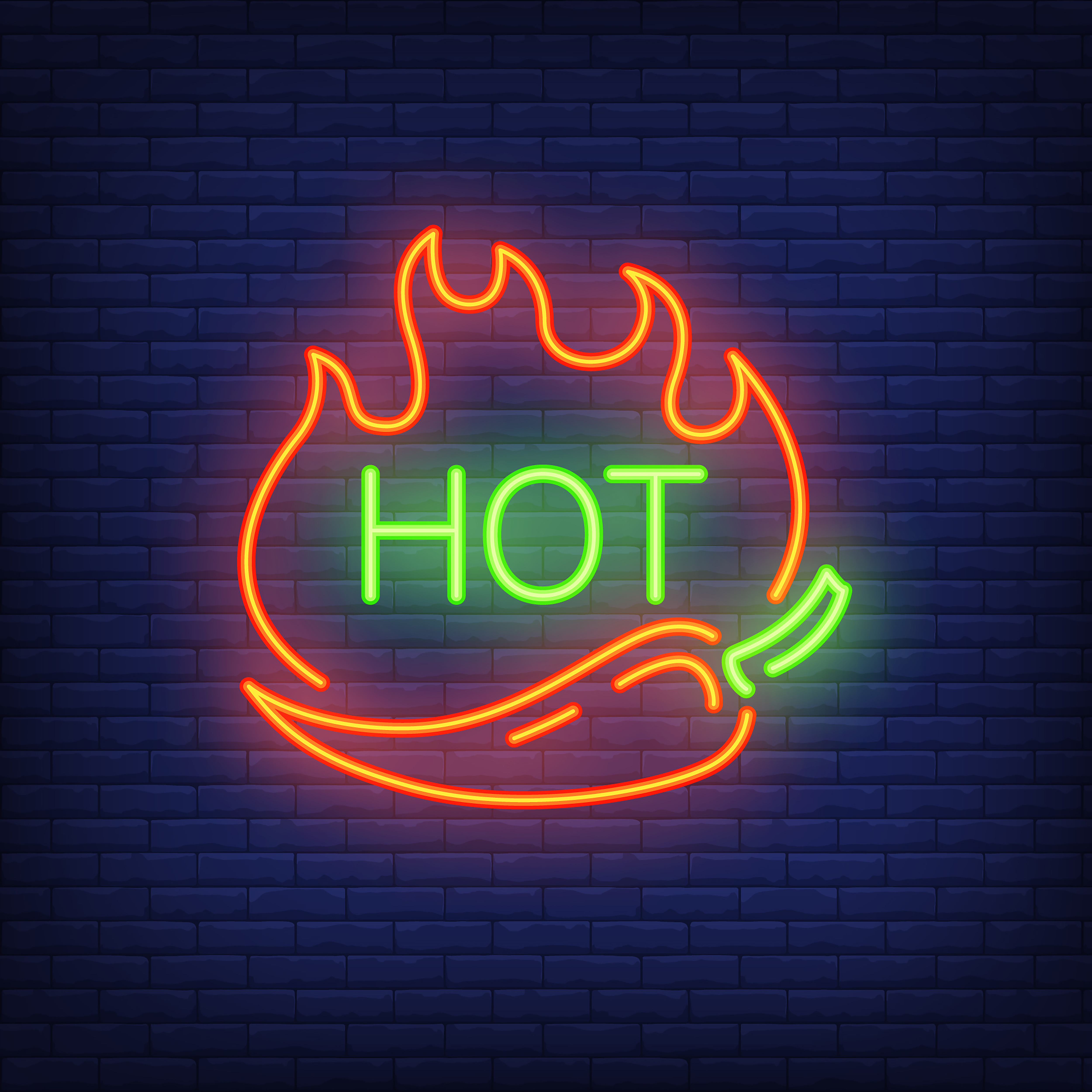 Hot chili neon sign with fire. night bright advertisement